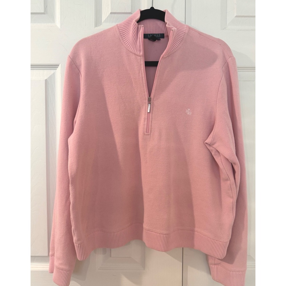 Lauren Ralph Lauren Pink Quarter Zip Sweater Monogram Women Large Vintage